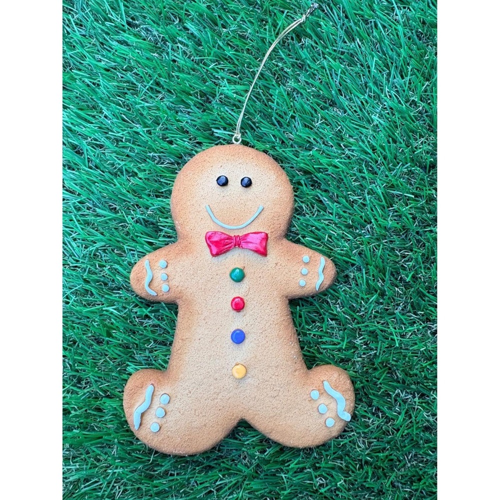 Gingerbread Man‎ Christmas Ornament Red Bow Tie Colorful Buttons Holiday Decor